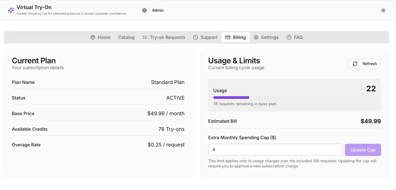 Snapshot of the Billing tab showing subscription details