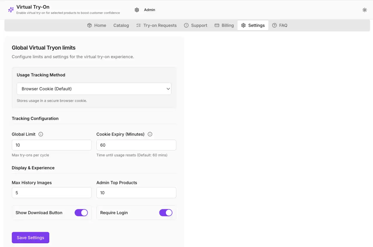 Snapshot of the Settings configuration form
