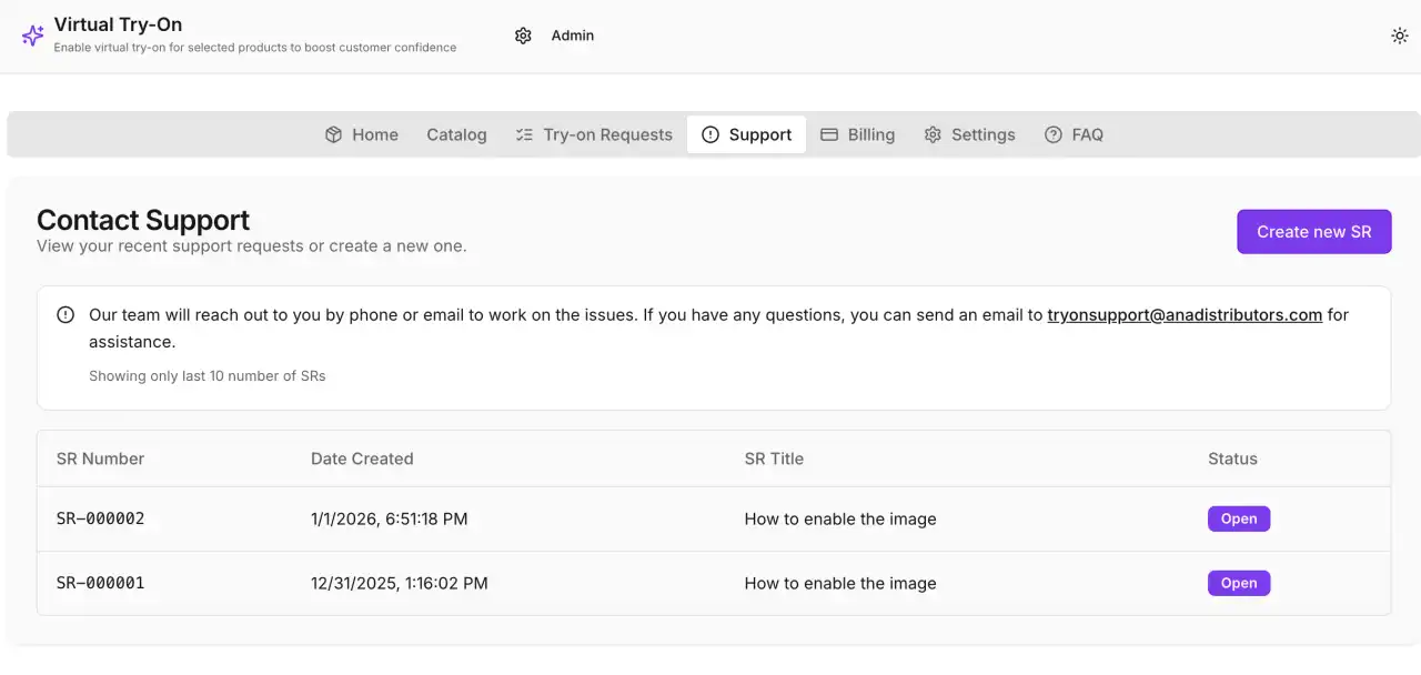 Snapshot of the Support contact form