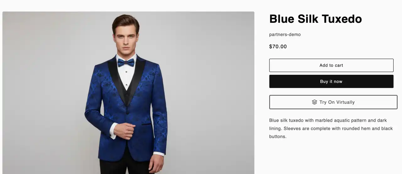 Snapshot of the Storefront showing the Try-On button on a product page