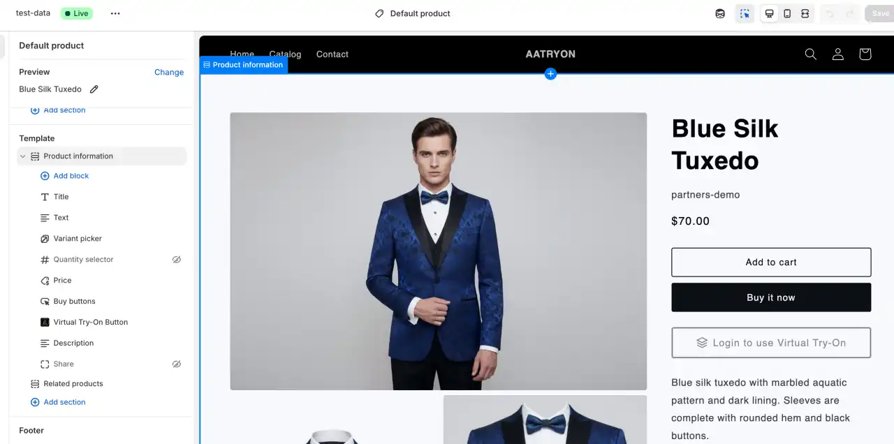 Snapshot of the Theme Editor showing the Add Block menu and the Virtual Try-On Button