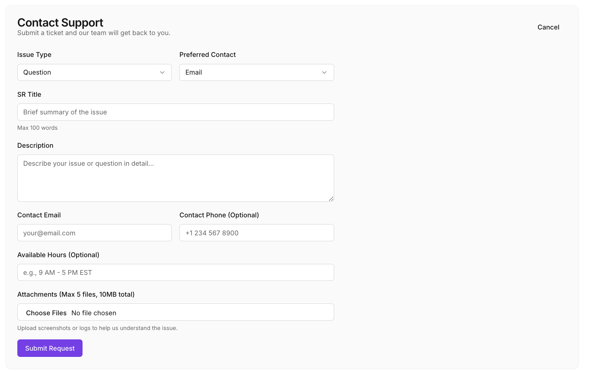 Create new Service Request